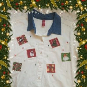 Cute Christmas white Shirt with denim collar XL